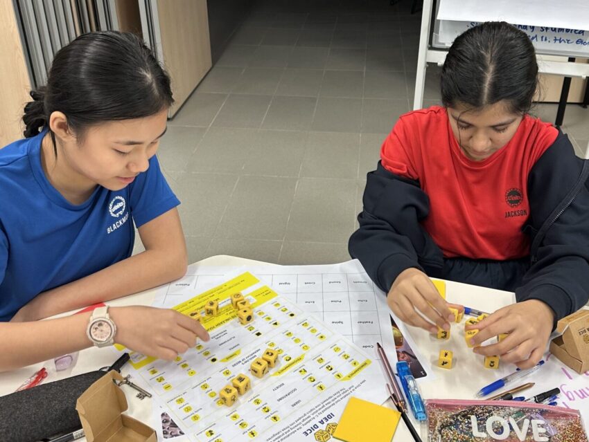 Student participants using Idea Dice during the ideation stage of a design thinking workshop
